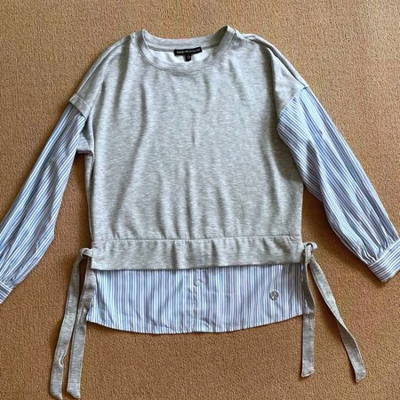 外贸欧美风松弛慵懒假两件拼接圆领T恤春秋季女宽松蝙蝠袖卫衣