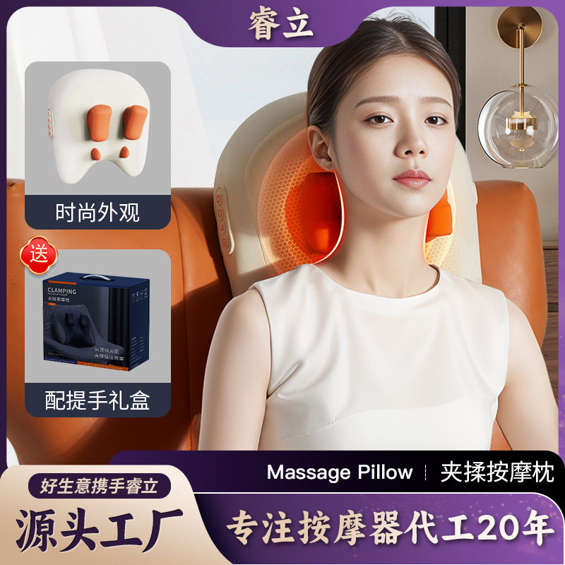 按摩枕跨境韩国热销按摩器靠枕热敷颈部两用腰部颈椎斜方肌按摩仪