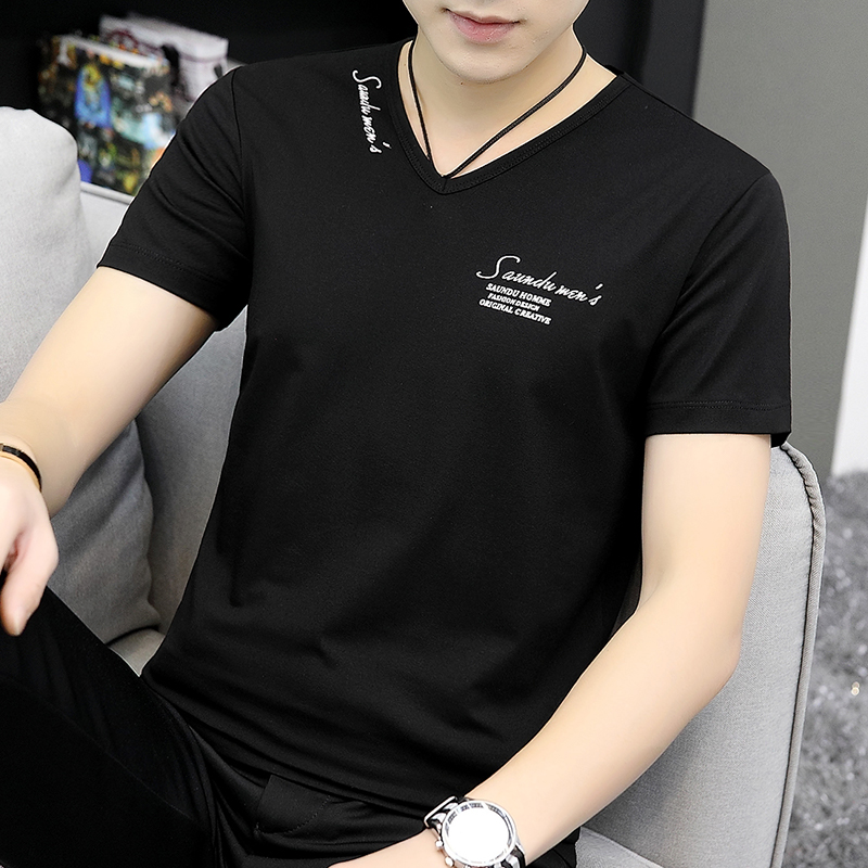 莫代爾男士短袖t恤V領夏季潮流上衣服修身黑色印花冰絲男裝半袖丅在類目 男裝, T恤中 - 來自Buy2taobao.com提供專業的淘寶代購服務