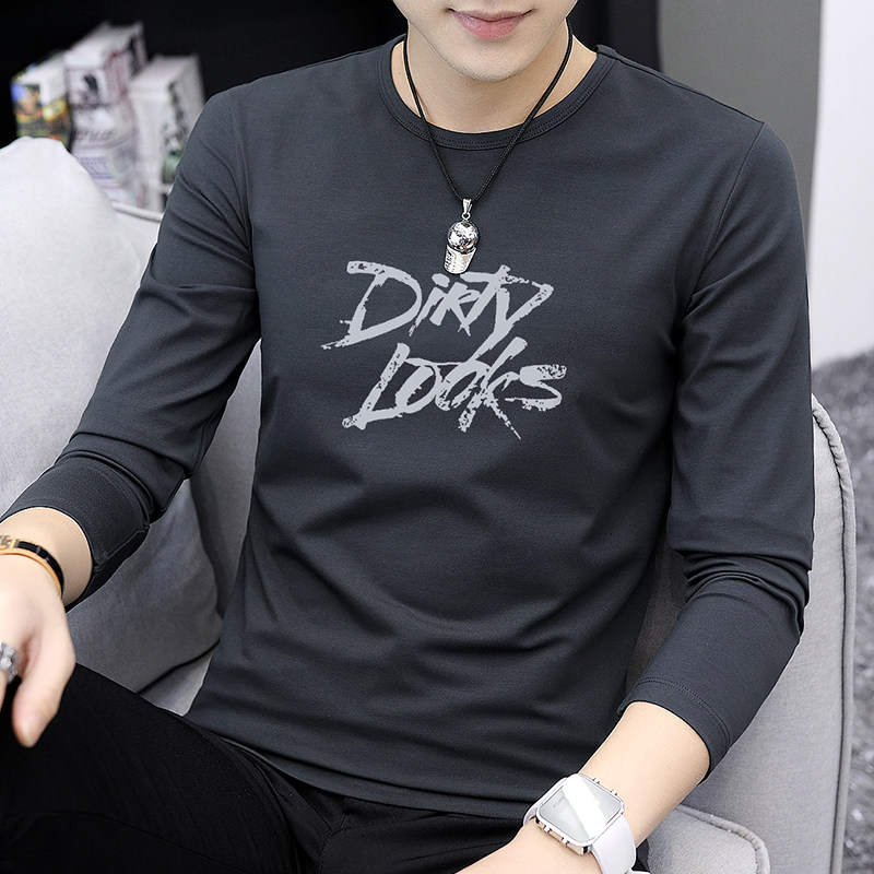 莫代尔长袖t恤男潮流秋装上衣服修身韩版灰色小衫圆领体恤打底衫