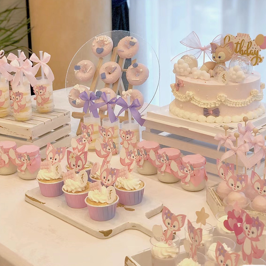 粉色狐狸女孩蛋糕装饰甜品台布置生日百天贴纸插牌摆件推推乐布丁
