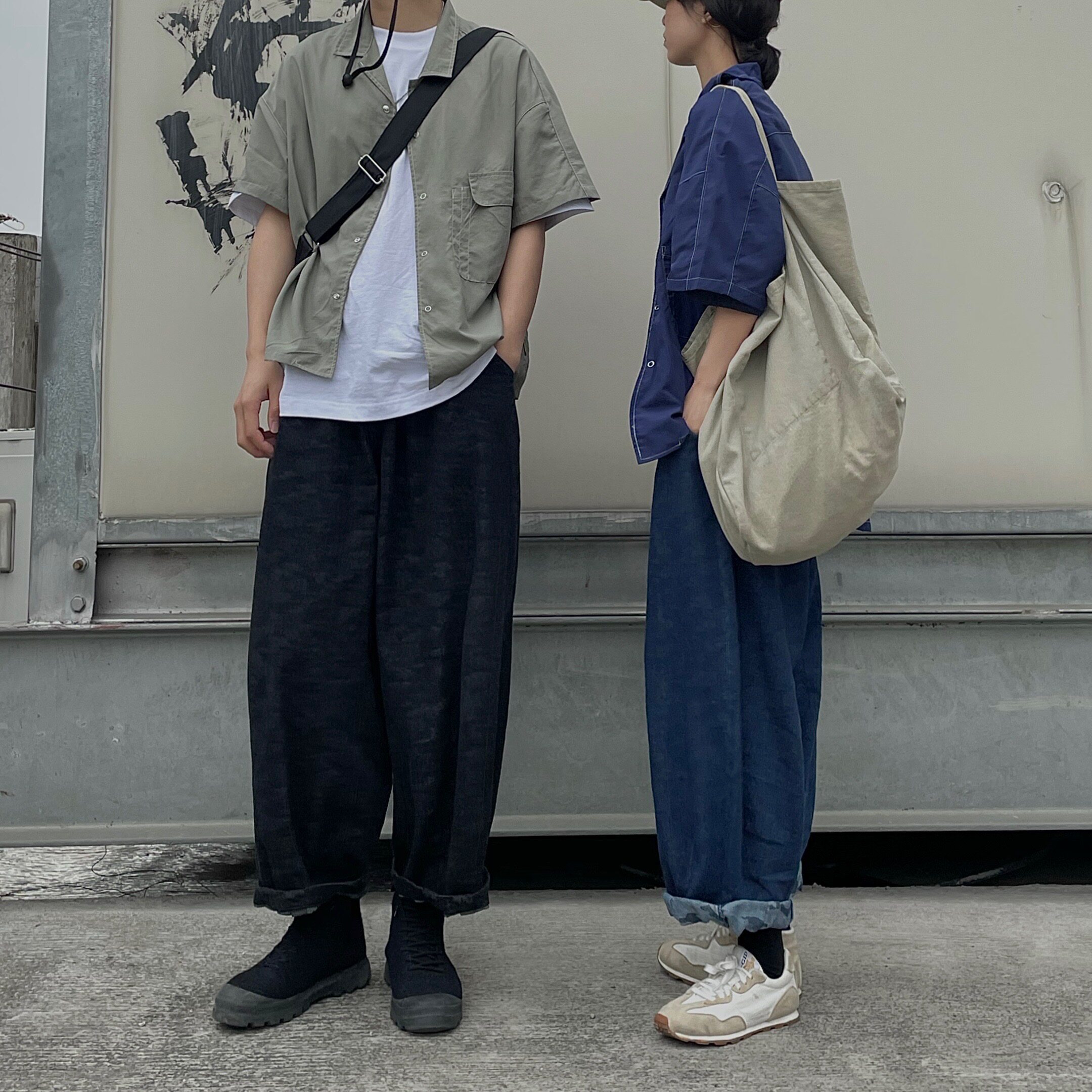 日系阿美咔叽工装情侣水洗牛仔裤阔腿裤灯笼裤宽松长裤男深蓝色女