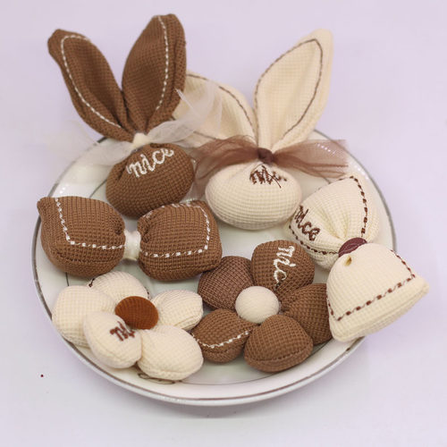 秋冬奶咖色布艺花朵蝴蝶结兔子充棉公仔手工儿童发饰发夹发绳配件