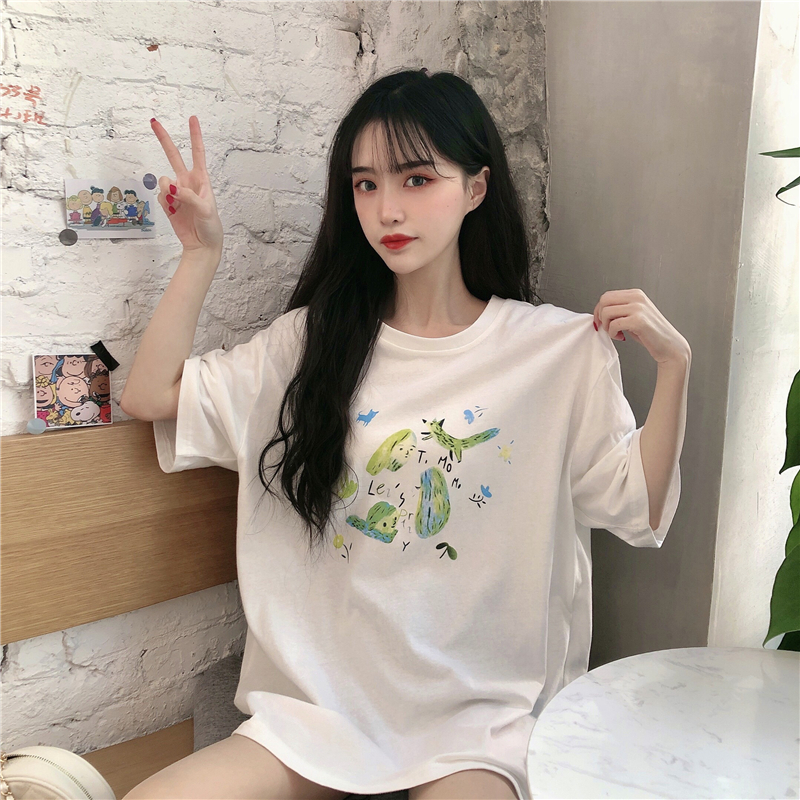 Real price real shot Korean version versatile loose round neck short sleeve show thin letter print dress women's T-shirt