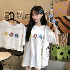 Real price real shot Korean loose round neck cotton reflective floret short sleeve T-shirt double version