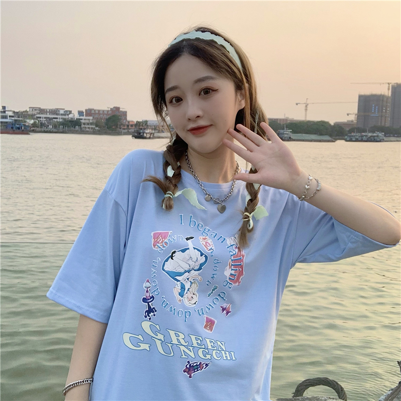 Real price new retro print Princess crew neck short sleeve fashion versatile loose T-shirt