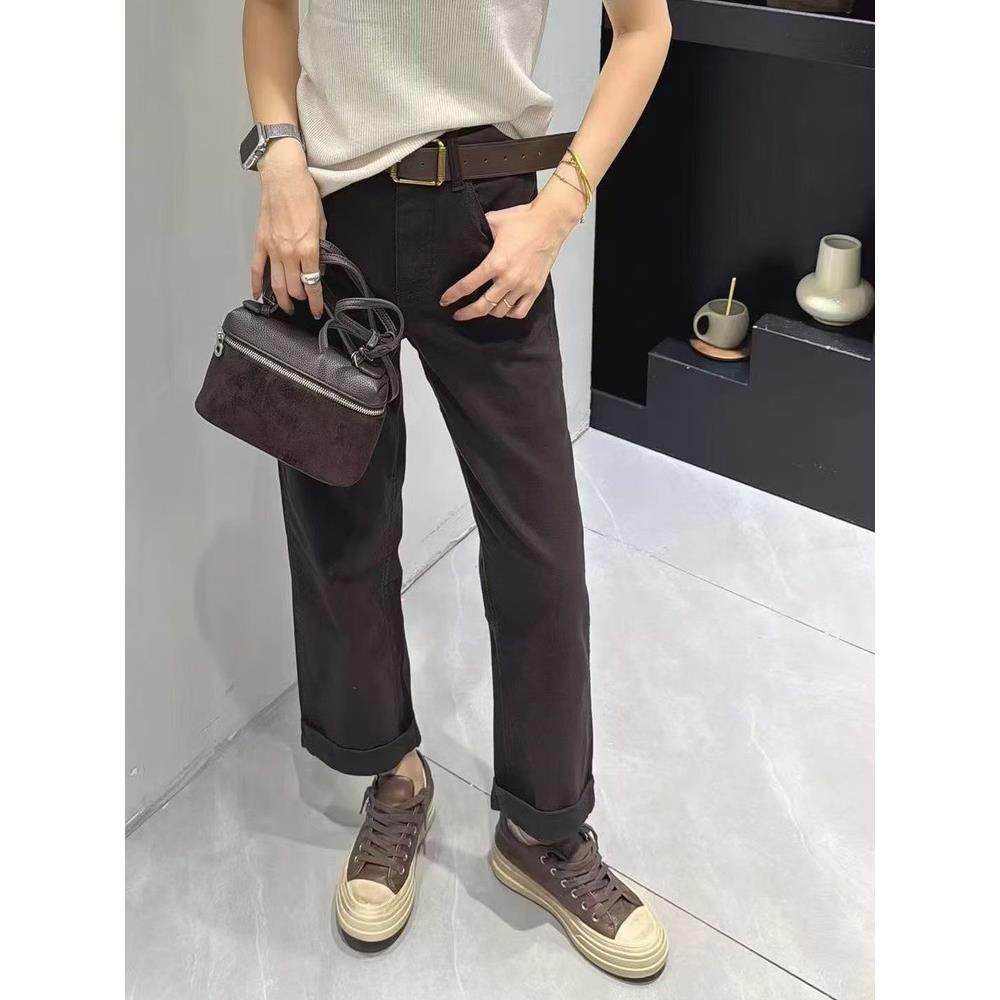 咖啡色法棍裤女士挽边八分弹力牛仔裤2025秋季新款宽松直筒裤显瘦