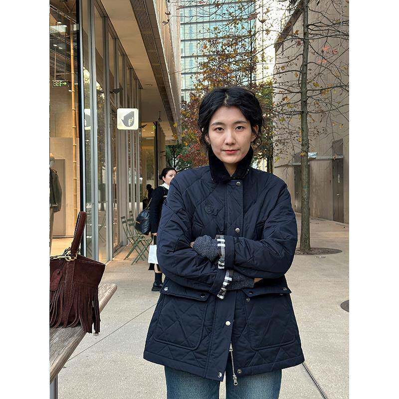 周浪清小个子藏青色翻领菱格棉服女2025新款秋冬中长款巴恩风外套