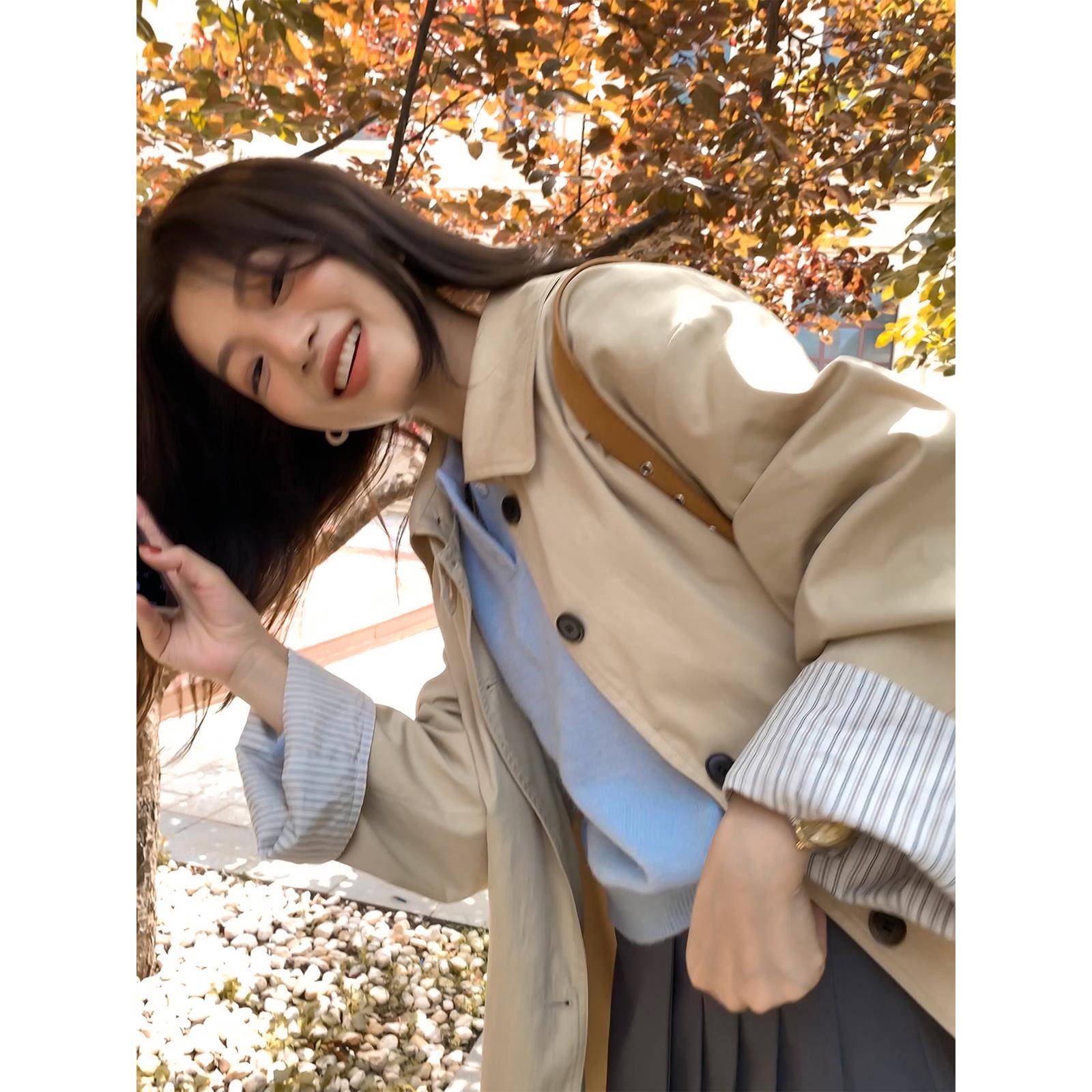 西西里安 早春邂逅~小个子韩系拼接条纹袖廓形风衣外套女中长款