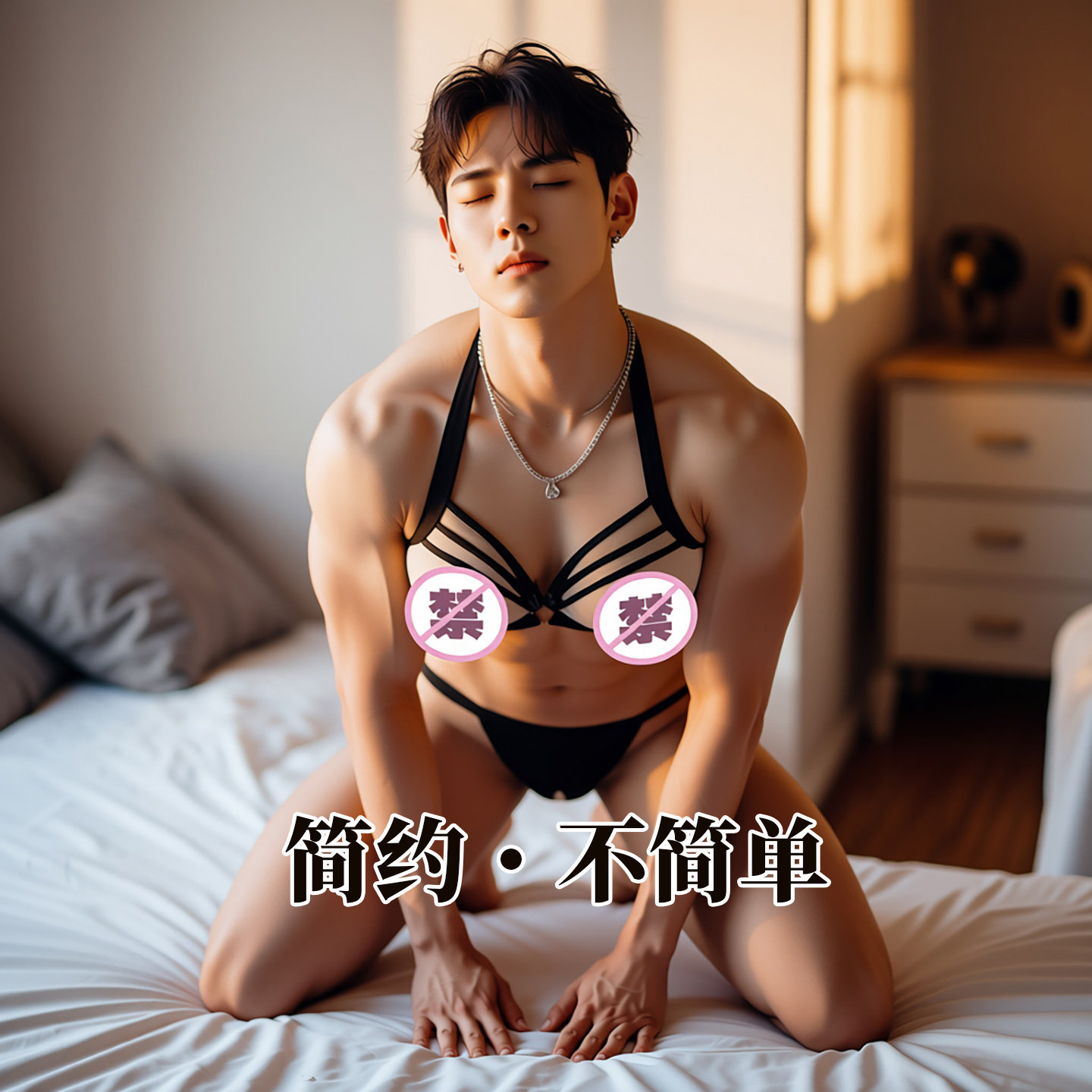 男士性感PU皮镂空胸罩丁字裤套装