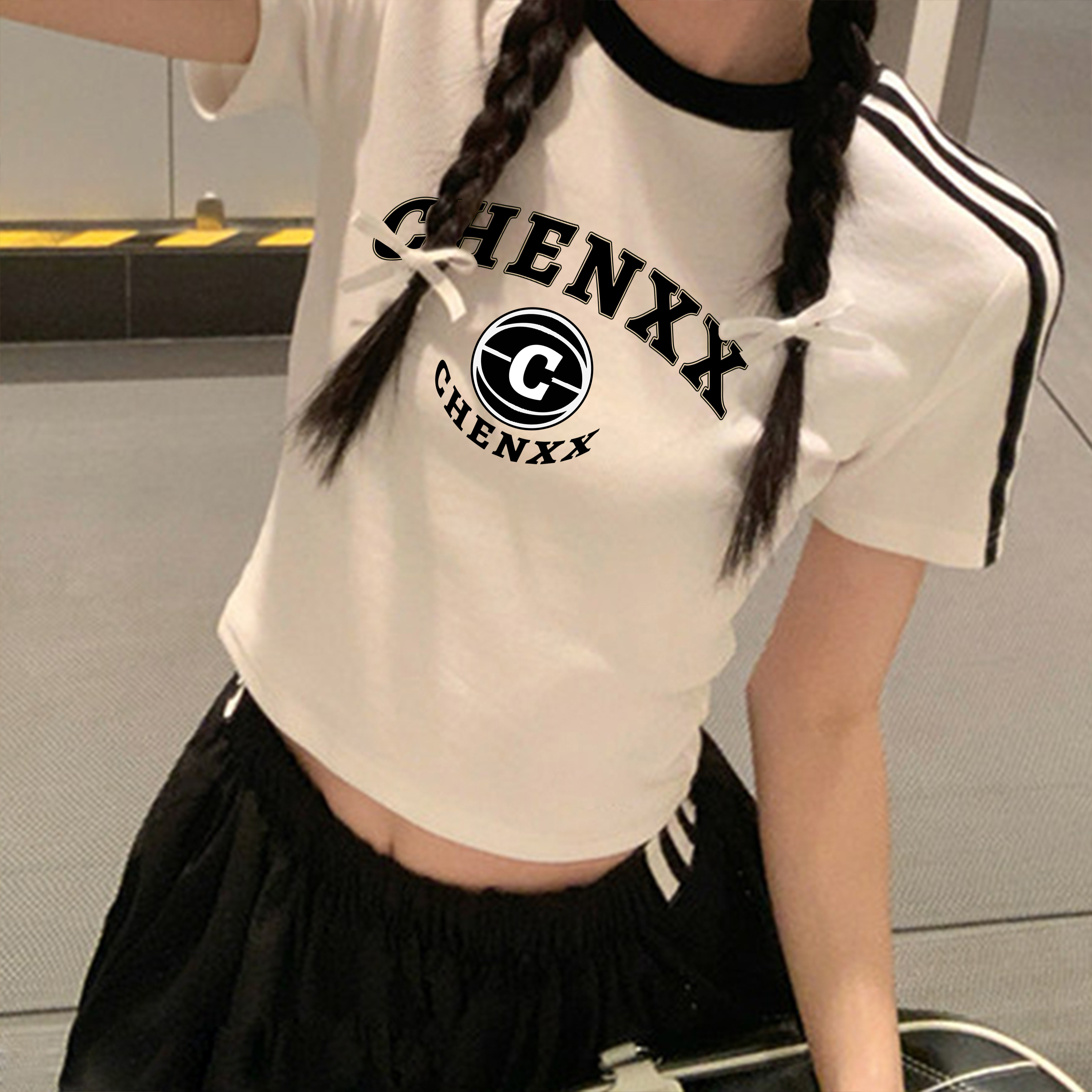 美式条纹撞色三条杠短袖体恤女2T恤