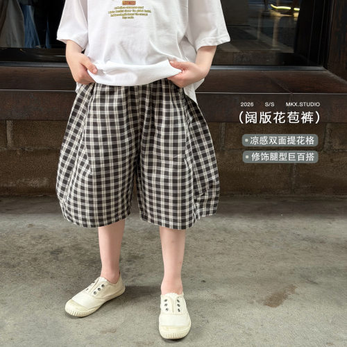 男童格子短裤2026夏季新款童装韩版中大童裤子儿童薄款宽松五分裤