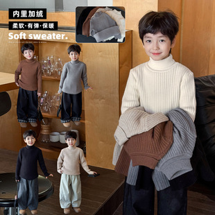 童酷2025男童冬款百搭高领坑条针织衫内里加绒保暖打底儿童毛衣潮