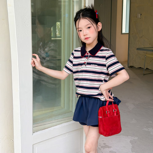 艾摩贝贝2026夏韩版童装女童休闲翻领T恤撞色条纹POLO衫短袖上衣