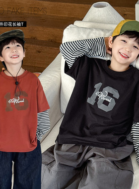 童酷2026男童春款时尚数字印花宝宝上衣条纹假两件圆领儿童T恤潮