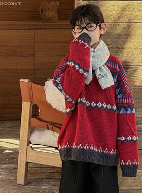 棉小铺男童毛衣儿童秋冬款2025新款圆领红色年服针织女孩童装上衣