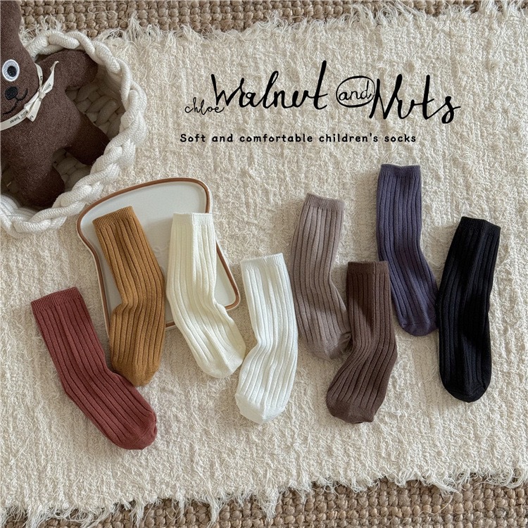 儿童2025秋冬简约纯色棉袜男女童宝宝韩系百搭双针坑条复古色袜子