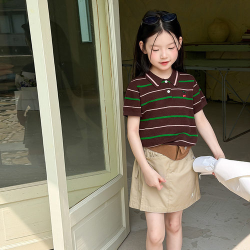 艾摩贝贝女童学院风小翻领T恤儿童精致刺绣樱桃POLO衫短袖上衣