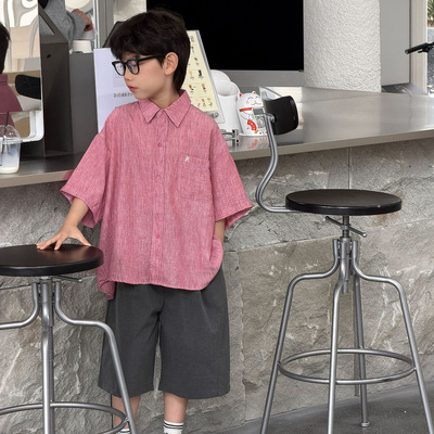 泰如2026夏季新款儿童韩版休闲纯色衬衫男童时尚休闲设计感半袖潮