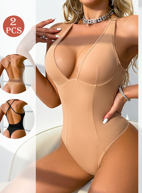 塑身连体衣收腹束腰深V挂脖吊带美背内衣女交叉露背打底辣妹内搭