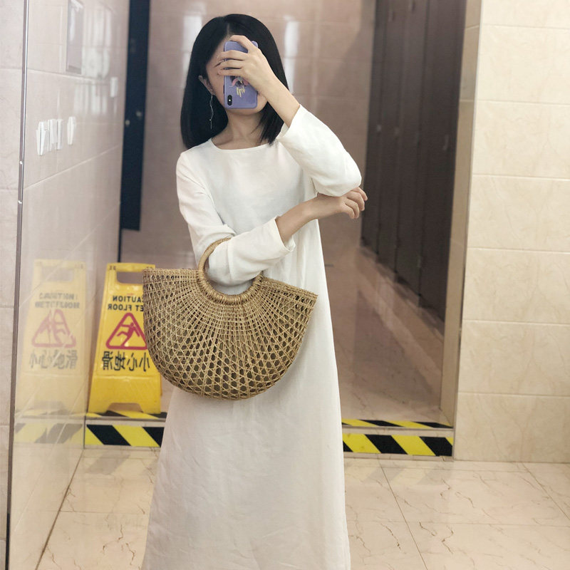 秋冬宽松显瘦长袖圆领棉麻连衣裙女装长款文艺复古打底裙子可定制