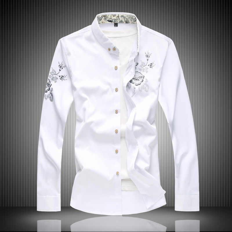 春季男士长袖衬衫青年加肥加大码印花衬衣商务休闲宽松寸衣胖子男