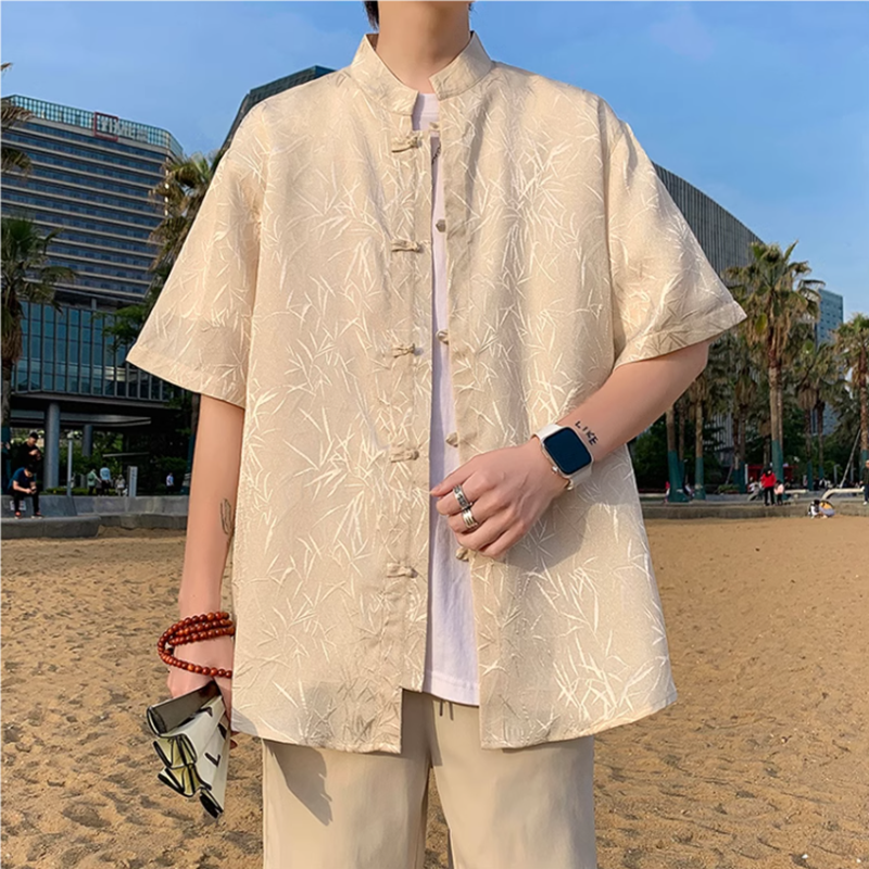 唐装男款夏季新中式男装青年中国风2026新款盘扣男士衬衫短袖立领 - 实物图