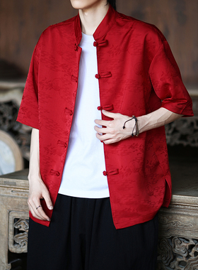 国风夏季新中式红色盘扣结婚兄弟团表演大码唐装汉服短袖衬衫上衣