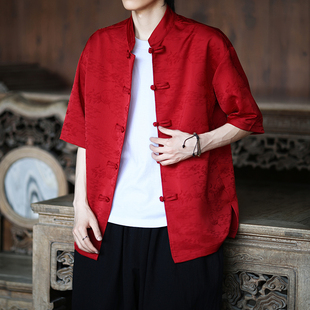 国风夏季新中式红色盘扣结婚兄弟团表演大码唐装汉服短袖衬衫上衣