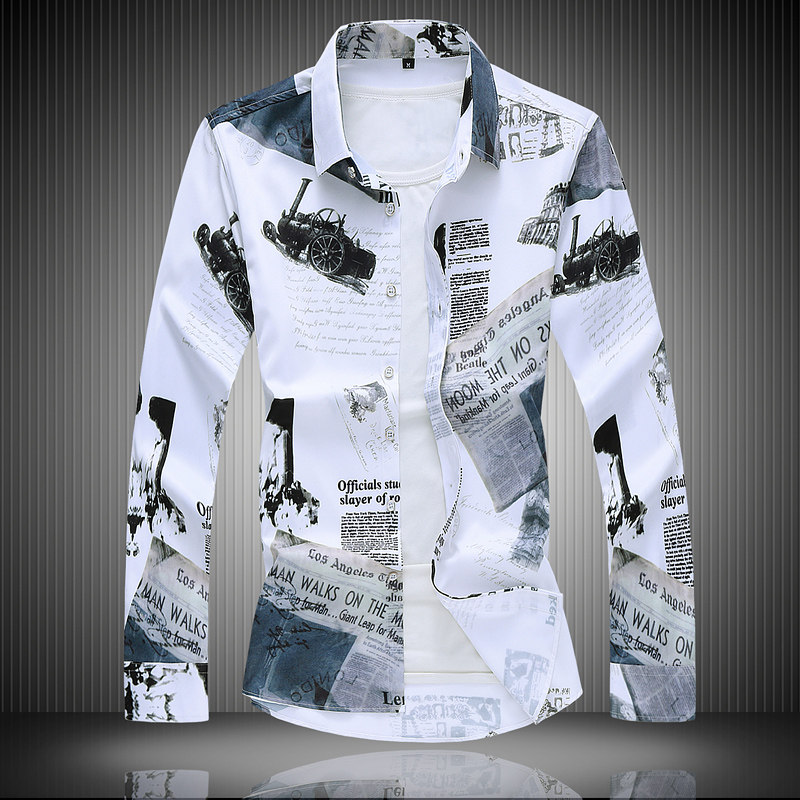 春秋新款男式长袖花衬衫加肥加大码数码印花青年潮流时尚修身衬衫