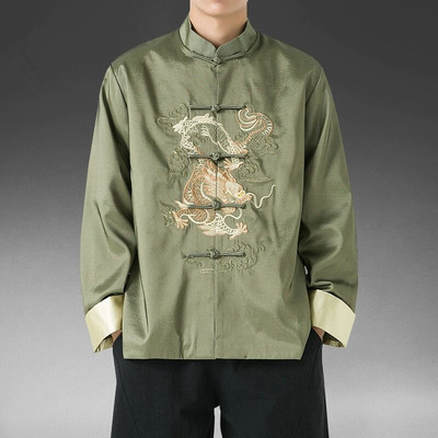 秋季中国风复古龙纹刺绣唐装外套男盘扣古装汉服新中式青年中山装