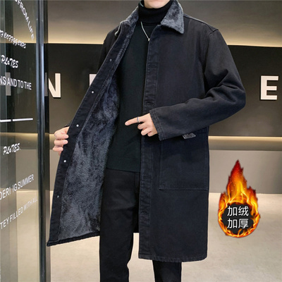 牛仔风衣秋冬季男士中长款潮流大衣宽松帅气加绒加厚翻领休闲外套