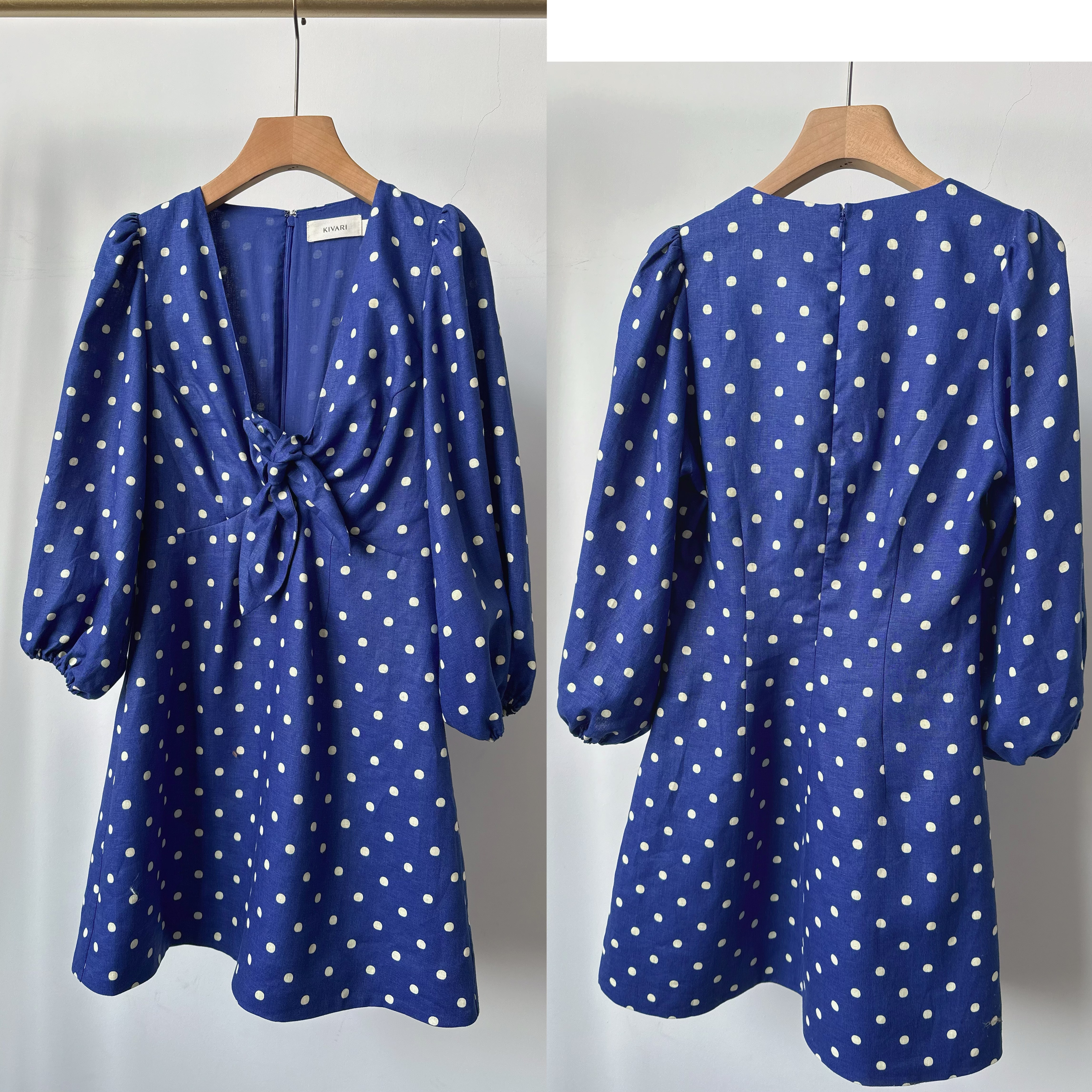 现货 原单澳洲kiv 亚麻波点V领系带连衣裙