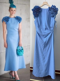 澳小众设计师品牌R@CHEL蓝色立体花朵肩部装 礼服连衣裙 饰无袖