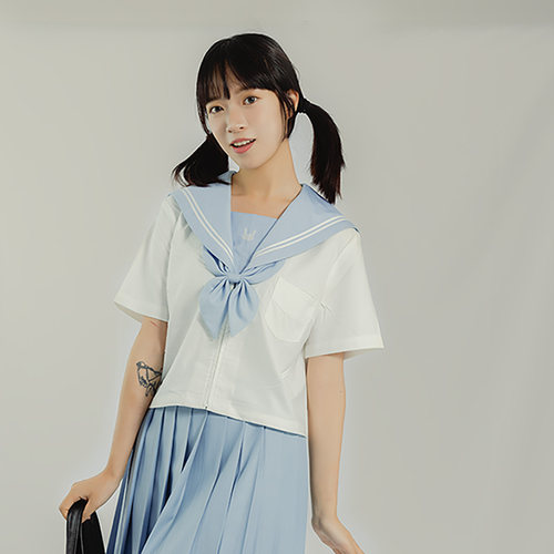 JK制服套装蓝色水手服白二本刺绣短袖日式水手服学生校服春夏款 - 封面