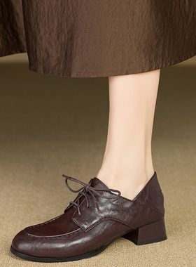 春秋季新款系带复古小皮鞋女深口百搭中粗跟女鞋大码单鞋33--43码