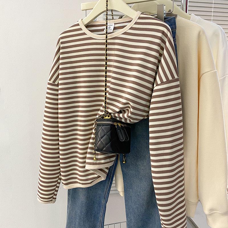 实拍250G条纹卫衣女薄款潮2025初秋新款宽松圆领长袖t恤韩版上衣