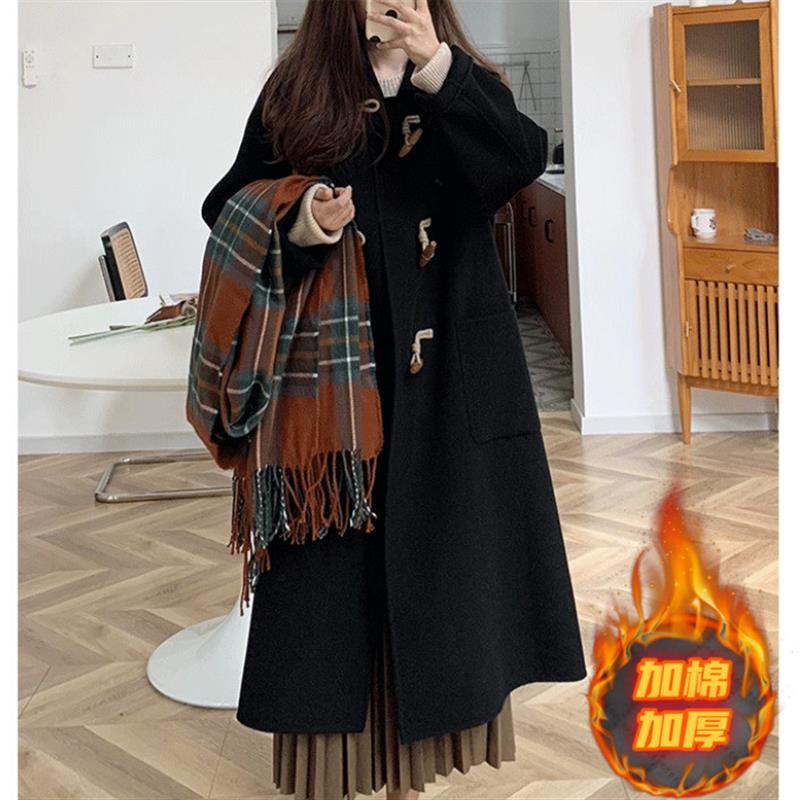 黑色牛角扣毛呢大衣女小个子2025秋冬季新款赫本风中长款呢子外套