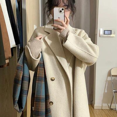 大码胖mm韩系高级感奶黑色西装大衣女冬季中长款小个子毛呢外套