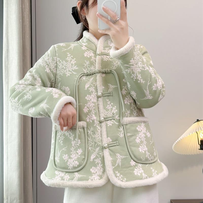 花棉袄女冬季新款东北大花棉衣加绒加厚中国风盘扣小个子碎花棉服
