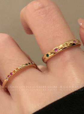 钛钢戒指 叠戴显手细简约精致素圈彩色锆石戒指女轻奢高级感JZ066