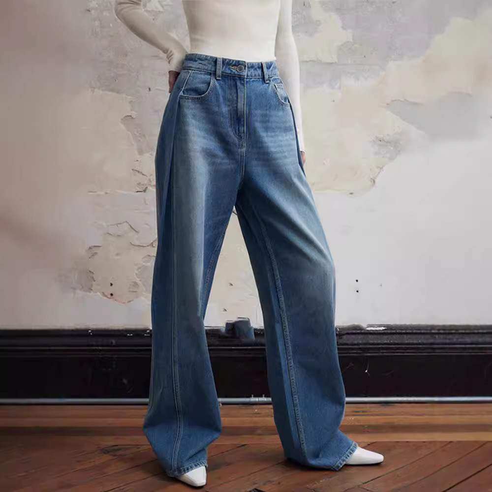 facade pattern牛仔裤女2024秋季高支棉双翻褶高腰显瘦直筒阔腿裤