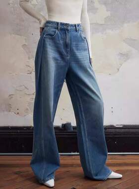 facade pattern牛仔裤女2024秋季高支棉双翻褶高腰显瘦直筒阔腿裤