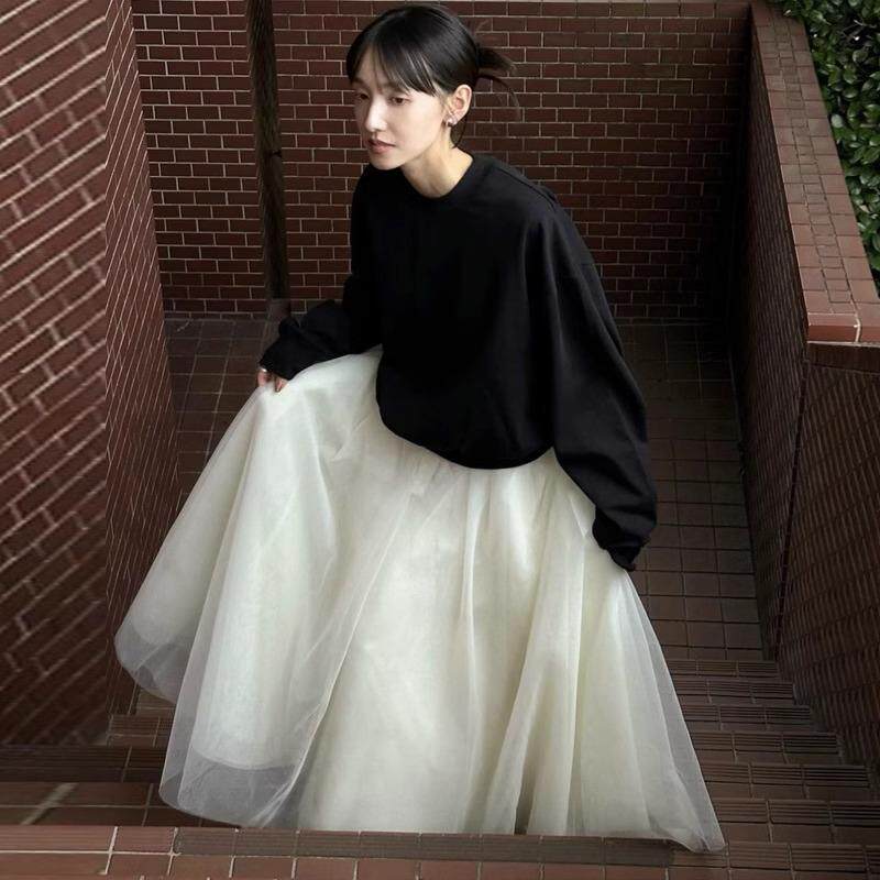 薄纱半身裙高腰叠层显瘦A字裙