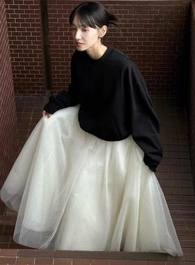 facade pattern纱半身裙春秋高腰叠层显瘦A字裙过膝长裙