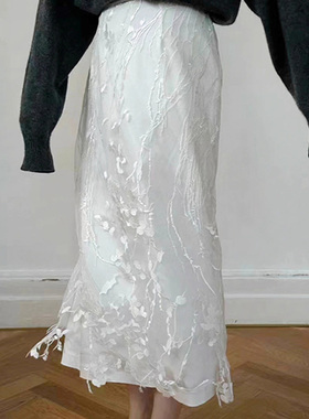 Facade pattern半身裙女秋季新款设计师极简风蕾丝双层开叉半裙