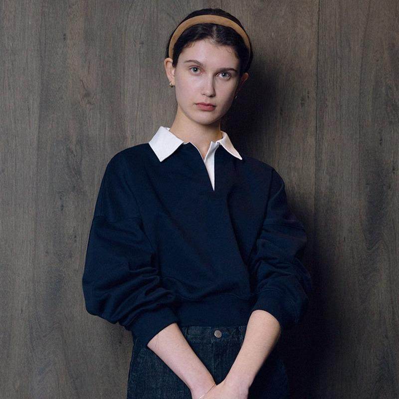 拼接卫衣女POLO领高腰小个子上衣