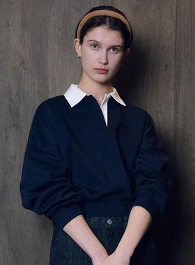 facade pattern拼接卫衣女2025秋冬新款韩POLO领高腰小个子上衣