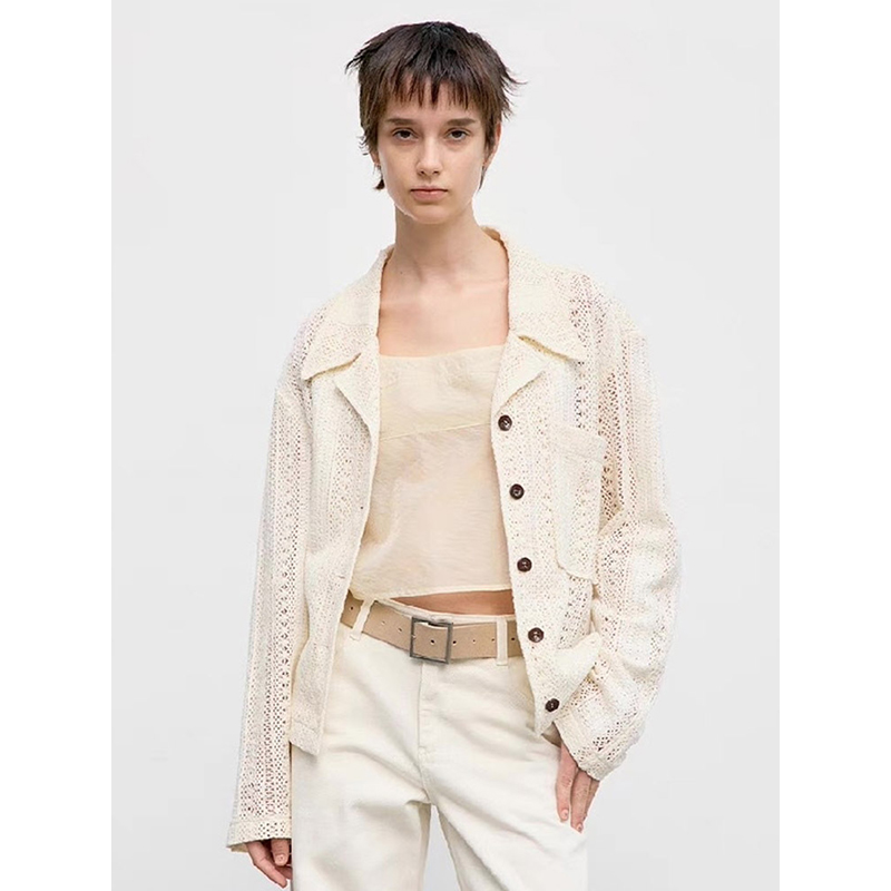 休闲镂空衬衫女西装领纯棉外套