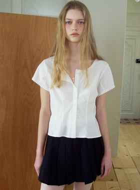 facade pattern短袖衬衫女夏季新款纯色收腰显瘦单排扣花边上衣